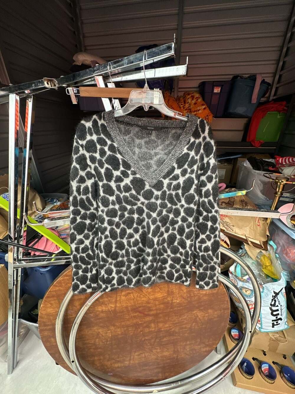 Gucci Black & Grey Leopard Print Mohair Wool V-Neck Sweater Size S